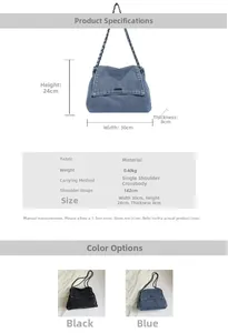 Detail of denim shoulder bag with metal chain strap showing blue and black color options