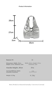 Guide des tailles pour sac argenté à ruban avec dimensions et détails du matériau