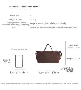 Detailed size chart for the PU leather tote bag with dimensions and phone size comparison