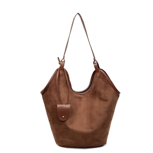 Large capacity brown faux suede tote bag with leather straps and matte finish texture