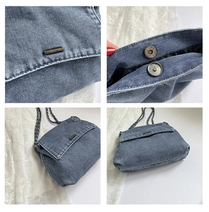 Detail view of the magnetic closure and denim texture on this blue chain shoulder bag
