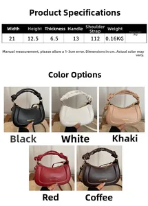 Size chart showing PU leather crossbody bag dimensions 21x12.5x6.5cm with color options