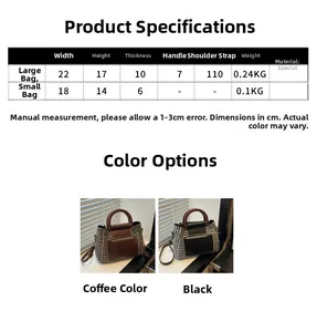 Size chart showing dimensions for large and small houndstooth plaid shoulder bags