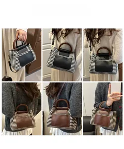 Multiple styles of vintage houndstooth handbag shown with wooden handle and crossbody strap