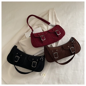 Chic suede baguette bags in burgundy, coffee, and black with double buckle pockets