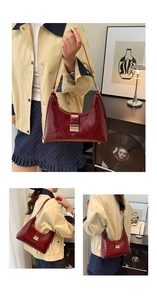 Three-angle views showing dark red patent leather hobo bag with gold metal clasp