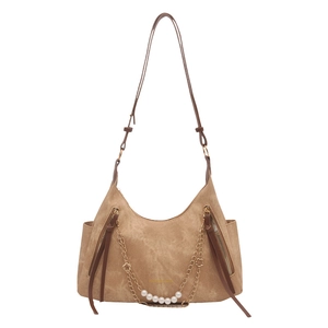 Brown faux suede tote bag with pearl chain decoration and leather fringe zipper detail