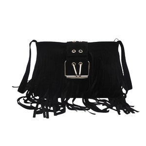 Retro black suede fringe shoulder bag with a large silver square buckle and bohemian tassel style