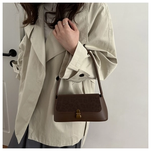 Detail of vintage baguette bag featuring brown leather and leopard print panel with gold clasp