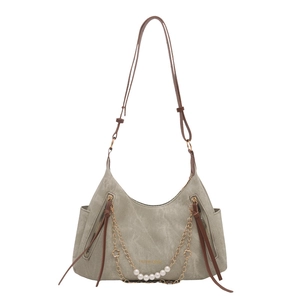 Sac fourre-tout vert sauge en daim avec lanières en cuir et décor de perles