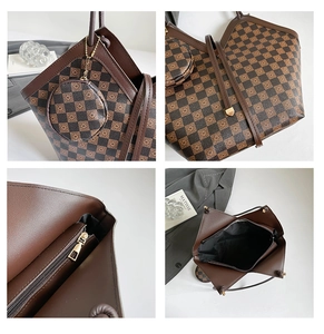 Dettagli della borsa tote vintage a scacchi con portamonete coordinato e tasca interna con cerniera