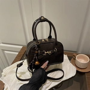 Retro matte leather handbag in deep coffee with gold horsebit hardware and crossbody strap