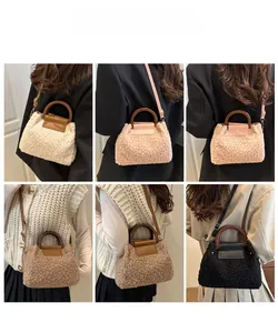 Detailed views of leopard faux fur bag featuring vintage dark wooden circular handles
