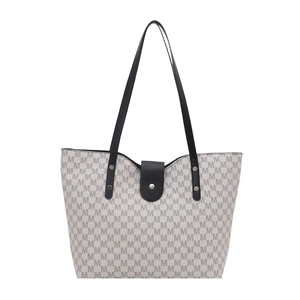 Minimalist large tote bag with beige M-pattern print and black leather shoulder straps