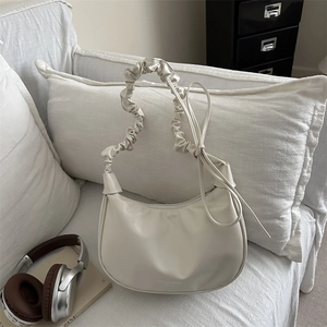 Chic pleated croissant hobo bag in cream white PU leather with soft cloud strap