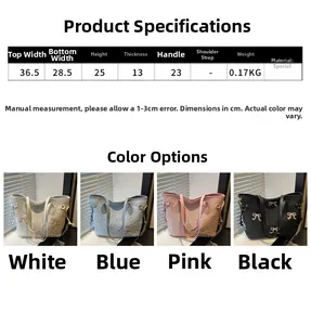 Size guide for large capacity shoulder bag with bow embroidery and detailed measurements