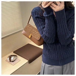 Close-up of leopard print shoulder bag with gold clasp and knit cardigan texture