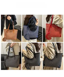 Detail view of large checkered tote bag with matching pouch in multiple color options