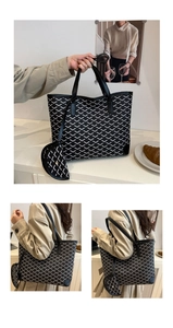 Detail view of printed tote bag with matching pouch and geometric V-pattern design