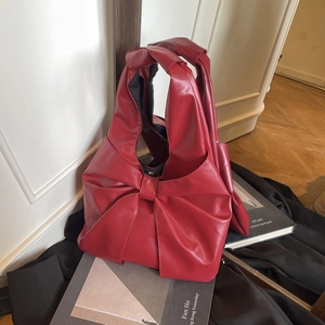 Sac à main élégant en cuir PU rouge avec un grand nœud au design minimaliste coréen