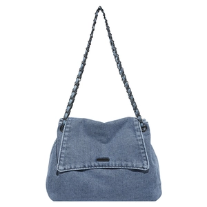 Fashionable washed light blue denim chain shoulder bag with metal flap closure design