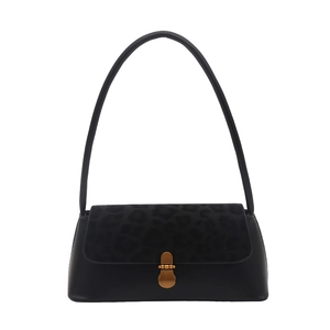 Retro black baguette bag with leopard print flap and vintage gold buckle for women