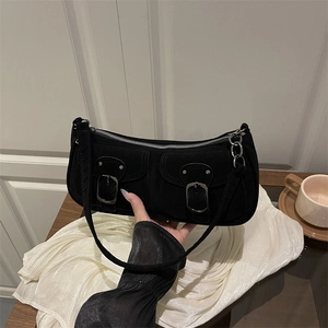 Vintage black faux suede underarm bag with double front buckle pockets and chain strap
