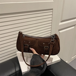 Retro dark brown suede underarm bag with double buckle pockets for chic daily use