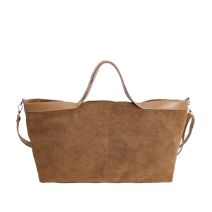 Retro deep brown suede tote bag with large capacity and detachable shoulder strap