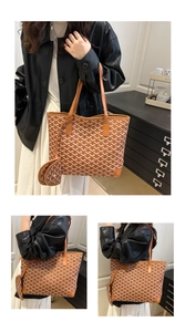 Detail of printed tote bag featuring classic patterns and matching leather coin purse