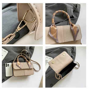 Detailed views of a beige crossbody bag with silk scarf handle and golden hardware