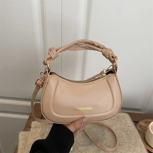 Women Urban Minimalist Synthetic Leather Handbag Knotted Handle Crescent Shoulder Bag Versatile Solid Color Messenger Bag With Zip