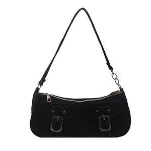 Vintage black baguette shoulder bag with double front pockets and metallic chain strap