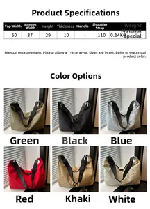Detailed size chart and multi-color options for lightweight nylon tote bag