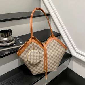 Borsa Tote Retro con Stampa a Scacchi Grande Capacità Pendolare Moda in Pelle PU con Borsa Rotonda Piccola per Donna