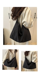 Three views of a large black tote bag showing its durable fabric and spacious design