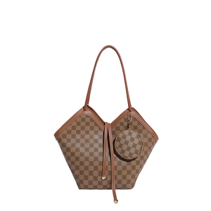 Borsa tote marrone a scacchi con portamonete rotondo abbinato e grande spazio interno