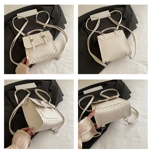 Detail shots of small white backpack with black polka dots showing all angles and texture