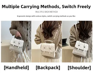 Versatile cream bag with polka dots showing handbag, backpack, and shoulder bag modes