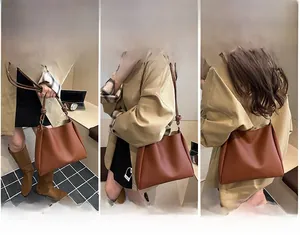 Brown faux leather tote bag showing versatile carrying styles with unique knot detail
