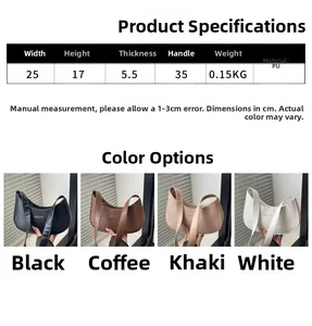 Detailed size chart and four-color display of this minimalist crescent shoulder bag