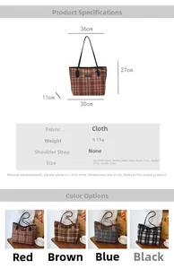Size chart and dimensions for the large capacity contrast color checkered tote bag