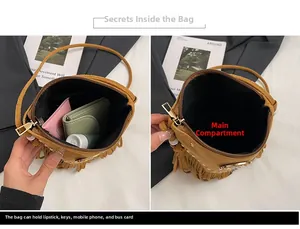 Detail view of the brown suede crossbody bag showing the interior storage capacity and main pocket