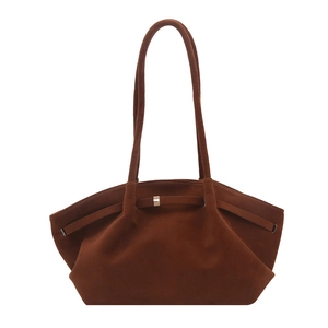 Retro coffee brown suede bucket tote bag with minimalist golden buckle and long straps