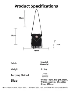 Detailed size chart for black fringe crossbody bag with metal rivets and dimensions