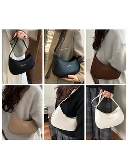 Collage of four minimalist half-moon hobo bags in black, coffee, beige, and white colors
