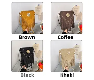 Collage of four vintage-style fringe saddle bags in brown, coffee, black, and khaki colors