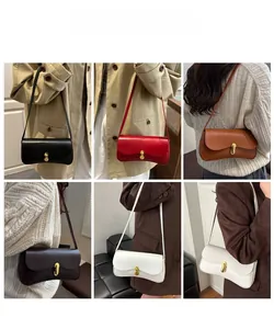 Detailed view of several minimalist crossbody bags in multiple colors with gold buckles