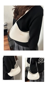 Detailed views of a white leather hobo bag featuring gold FASHION & BAGS lettering