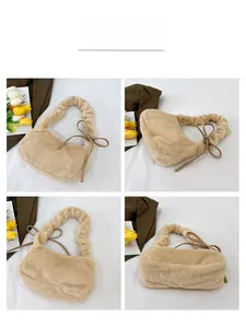 Detailed views of light brown plush shoulder bag with fluffy texture and ribbon bow